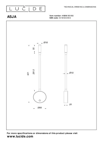 Lucide Premium ASJA - Foco de pared / Lámpara de pared Recargable - Batería/acumulador - LED 3 StepDim - 1x3W 2700K - Oro mate / Latón - técnico